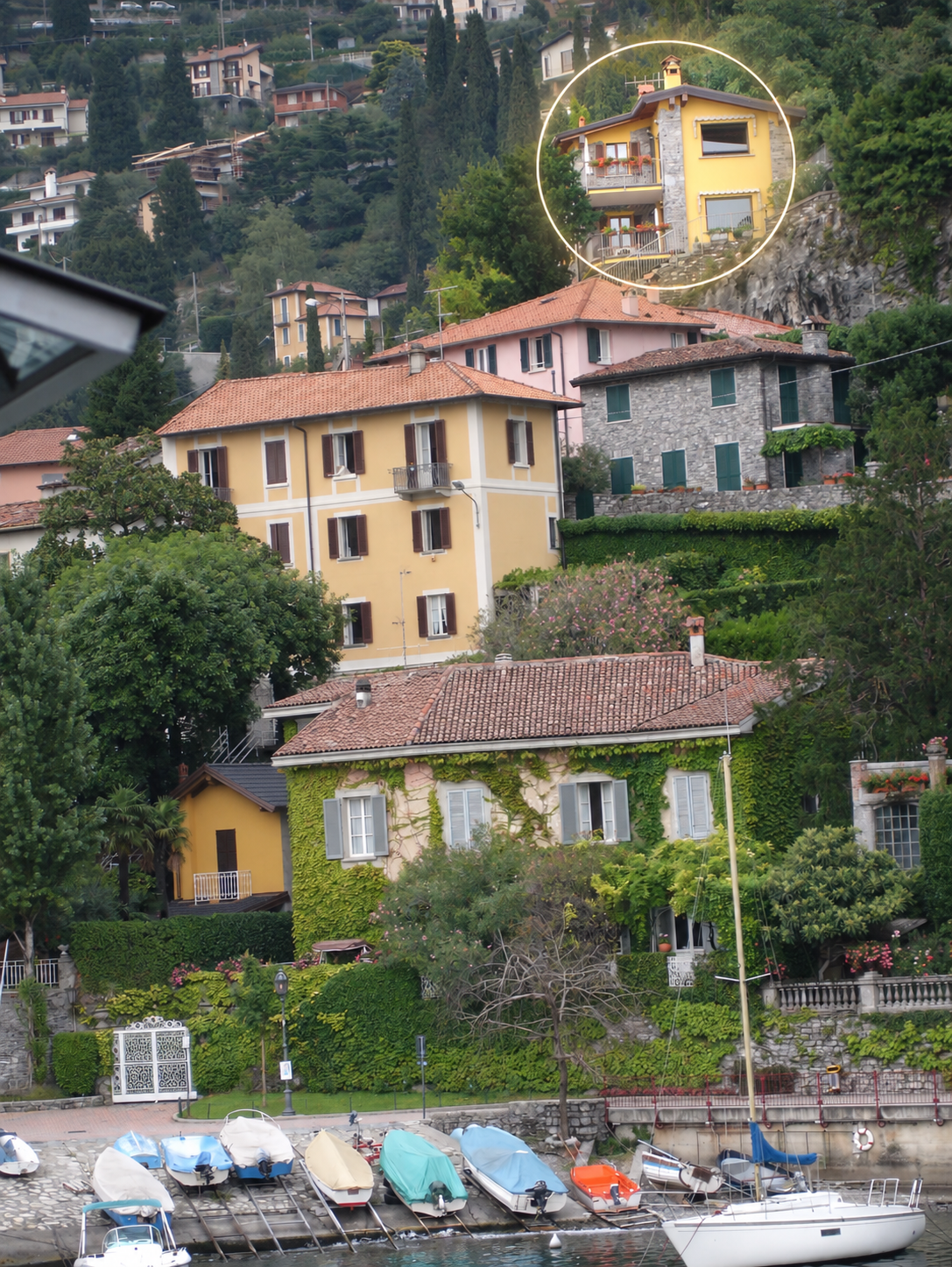 Sweet Escape highlighted on the hillside above Varenna, seen from the lake